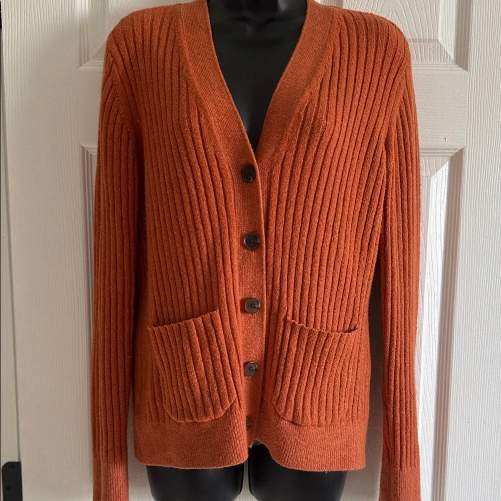 LOFT Ribbed Button-Front Cardigan in Rust Orange - Picture 1 of 4